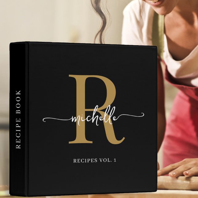 Stylish Script Black Gold Monogram Cookbook Recipe Binder (Creator Uploaded)