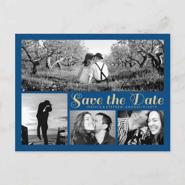 Stylish Script Blue Save The Date Collage Postcard (Front)