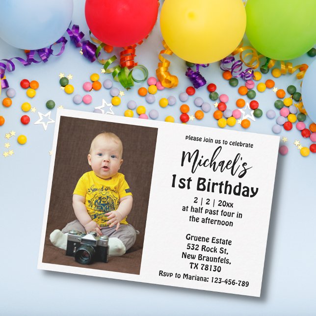 stylish script  boy 1st birthday photo invitation (Creator Uploaded)