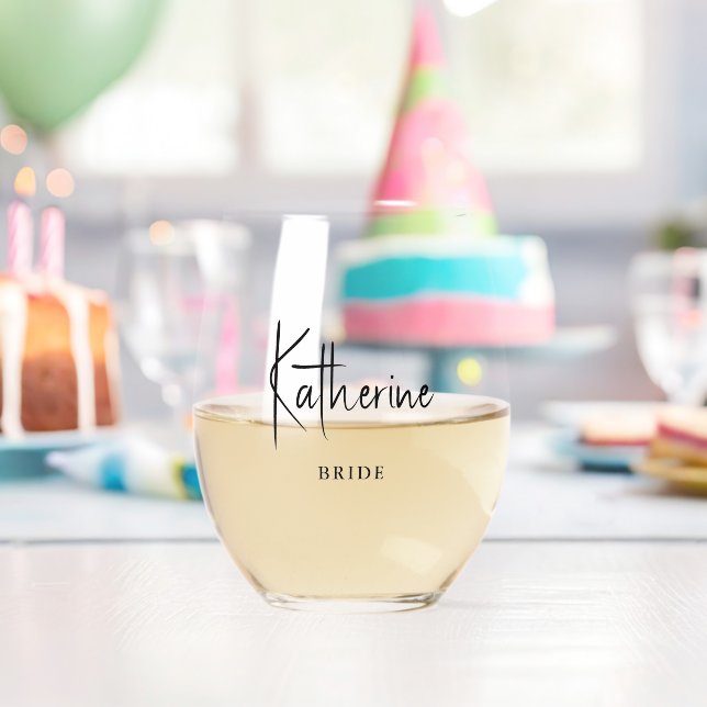 Stylish Script "Bride" Personalized Stemless Wine Glass (Insitu (Birthday))