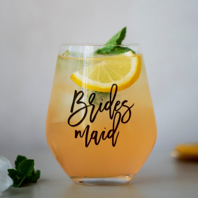 Stylish Script "Bridesmaid" Personalized Stemless Wine Glass (Creator Uploaded)