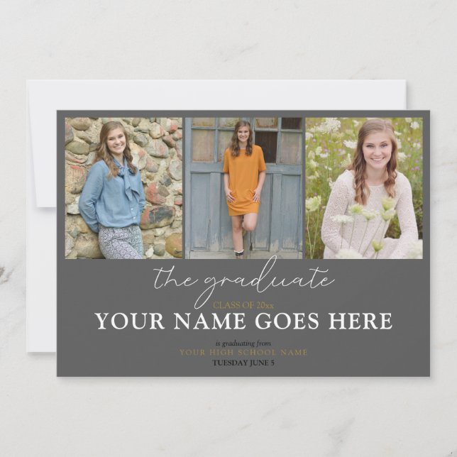 Stylish Script Charcoal Grey Photo Graduation Invitation (Front)