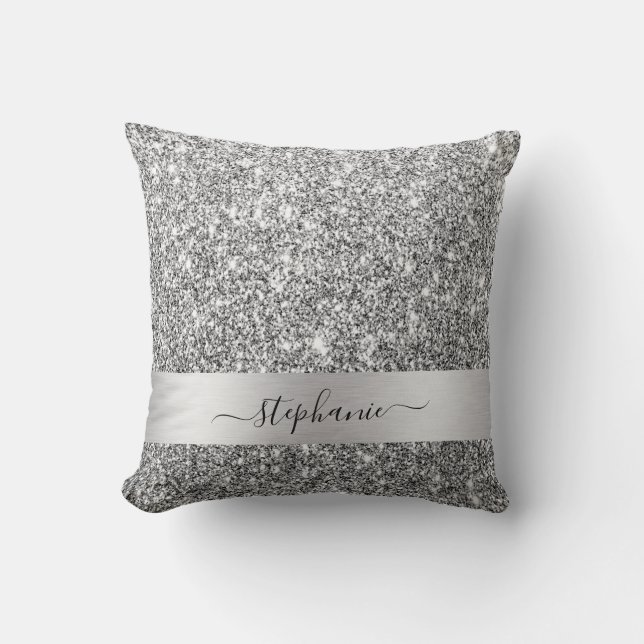 Stylish Script Custom Name  Silver Glitter Luxury Throw Pillow (Front)