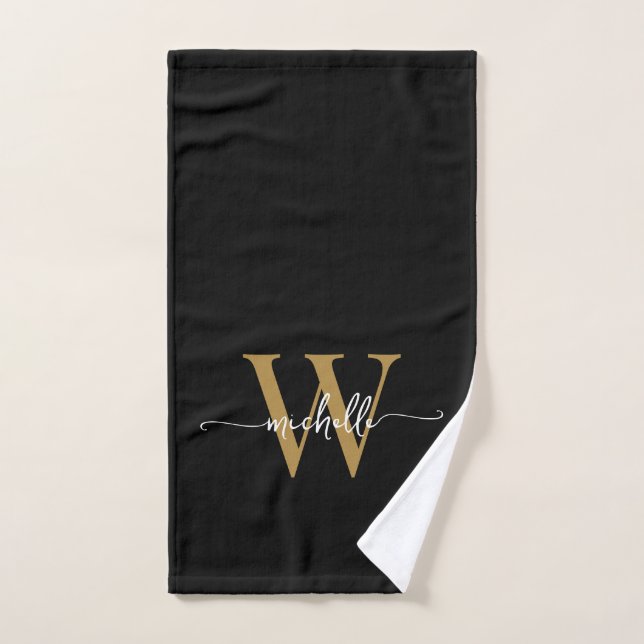 Stylish Script Elegant Black Gold Monogram Name  Hand Towel (Hand Towel)