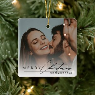 Stylish Script Elegant Photo Merry Christmas  Ceramic Ornament