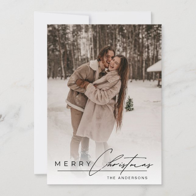 Stylish Script Elegant Photo Red Merry Christmas  Holiday Card (Front)