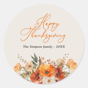 stylish script fall floral happy thanksgiving  classic round sticker