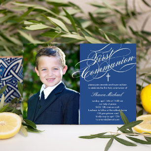 Stylish Script First Communion Invitation - Blue