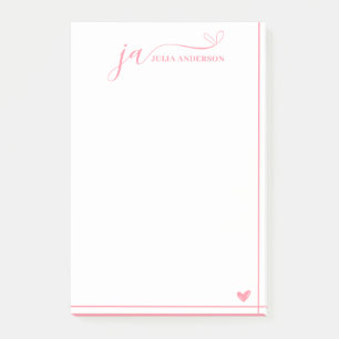 Stylish Script Font Monogram White & Pink Post-it Notes