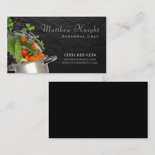 Stylish Script Food Pan Personal Chef Catering Business Card (Front/Back)