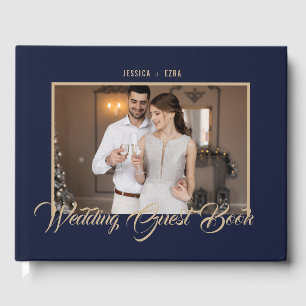 Stylish Script Gold and Blue   Photo Guest Book
