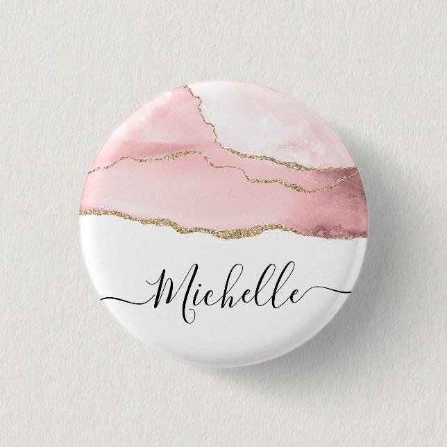 stylish script gold and blush agate personalized  1 inch round button (Front)