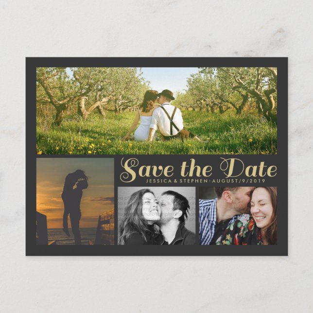 Stylish Script Grey Save The Date Collage Postcard (Front)