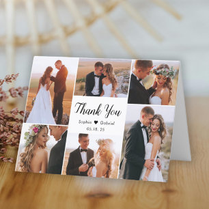 Stylish Script Heart 6 Photo Collage Wedding  Thank You Card