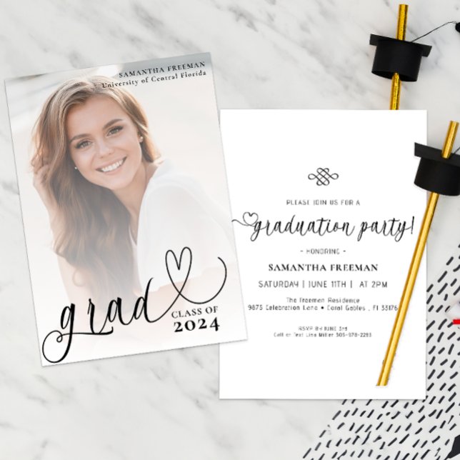 Stylish Script Heart Typography Graduation Party Invitation (Minimalist Graduation Announcement & Invitation )