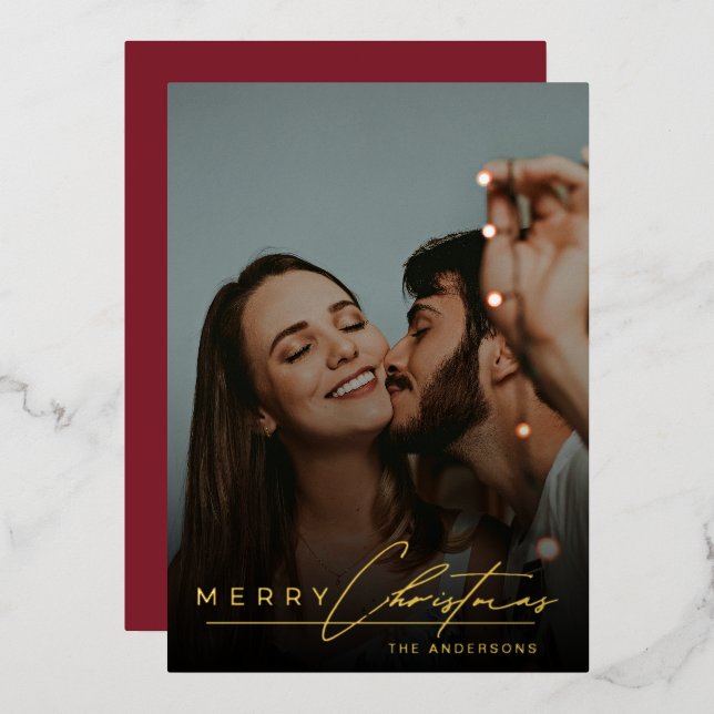 Stylish Script Minimalist 1 Photo Red Christmas Foil Holiday Card (Front/Back)
