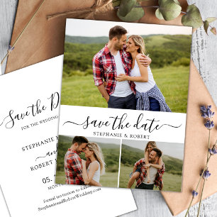 Stylish Script Minimalist 3 Photo Collage Wedding Save The Date