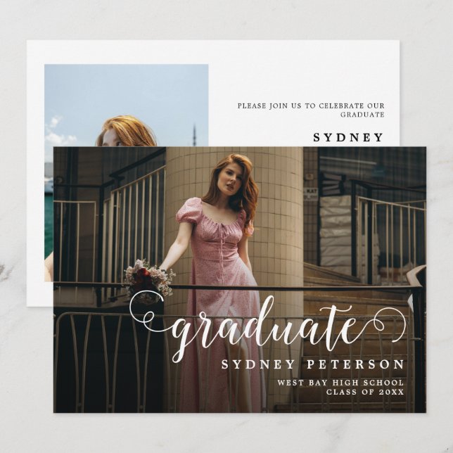 Stylish Script Modern 2 Photo Graduation Party Invitation (Front/Back)