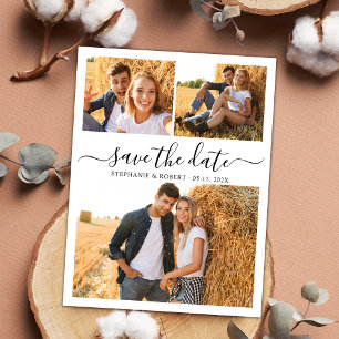 Stylish Script Modern 3 Photo Collage Wedding Save Save The Date