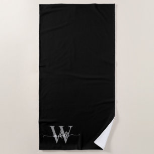 Stylish Script Modern Black Grey Monogram Name Beach Towel
