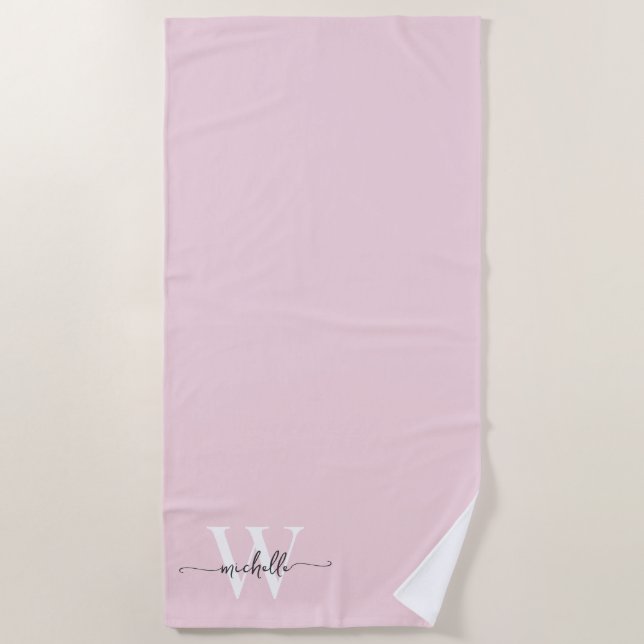 Stylish Script Modern Blush Pink Monogram Name Beach Towel (Front)