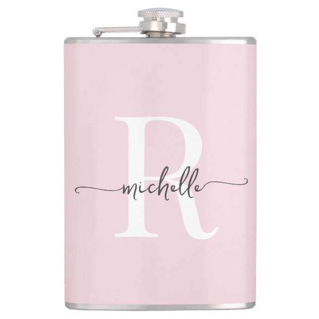 Stylish Script Modern Blush Pink Monogram Name Hip Flask (Front)