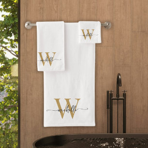Stylish Script Modern White Gold Monogram Name Bath Towel Set