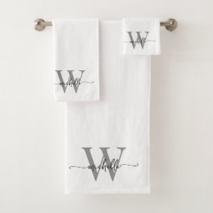 Stylish Script Modern White Grey Monogram Name Bath Towel Set