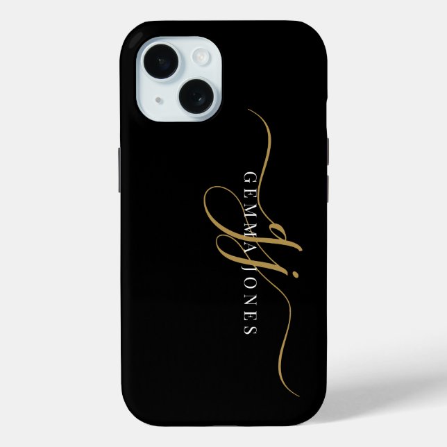 Stylish Script Monogram Initials Gold Black Case-Mate iPhone Case (Back)