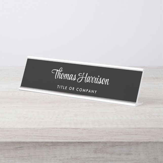 Stylish Script Monogram Professional Black Desk Name Plate (Front)