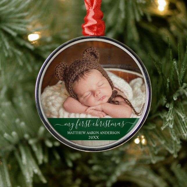 Stylish Script My First Christmas Baby Green Metal Ornament (Tree)