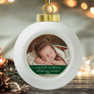 Stylish Script My First Christmas Baby Green Snowflake Pewter Christmas Ornament
