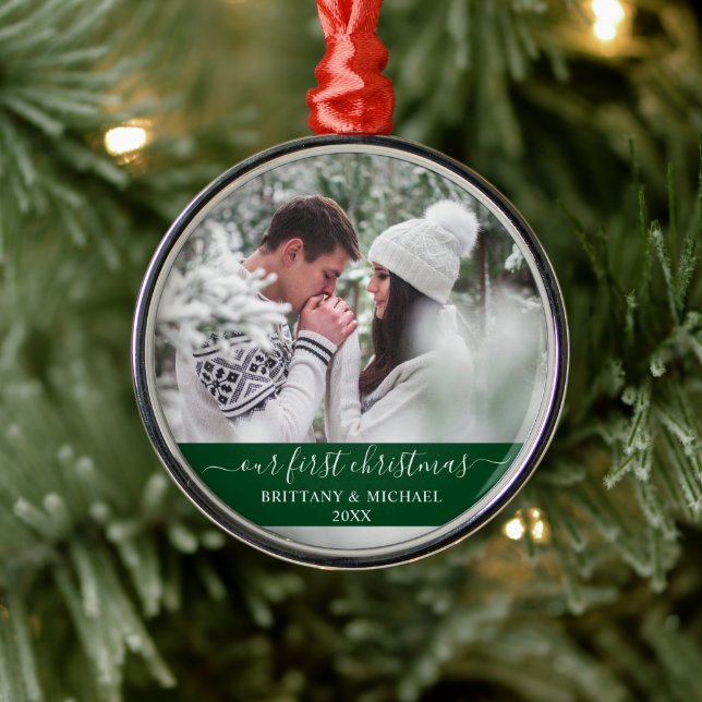 Stylish Script Our First Christmas Couple Green Metal Ornament (Tree)