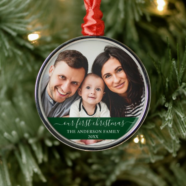 Stylish Script Our First Christmas Family Green Metal Ornament (Tree)