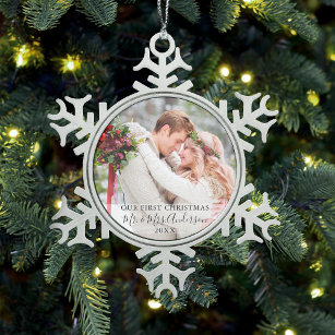 Stylish Script Our First Christmas Photo Names Snowflake Pewter Christmas Ornament