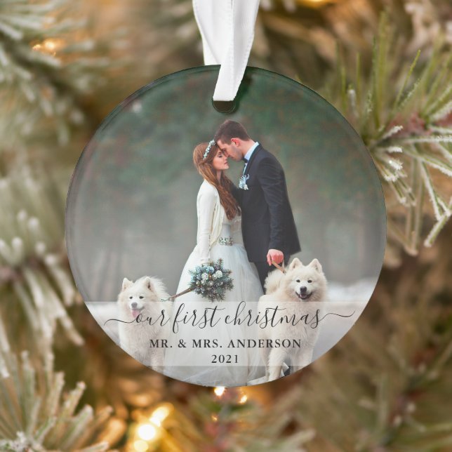 Stylish Script Our First Christmas Photo Wedding Ornament (Tree)