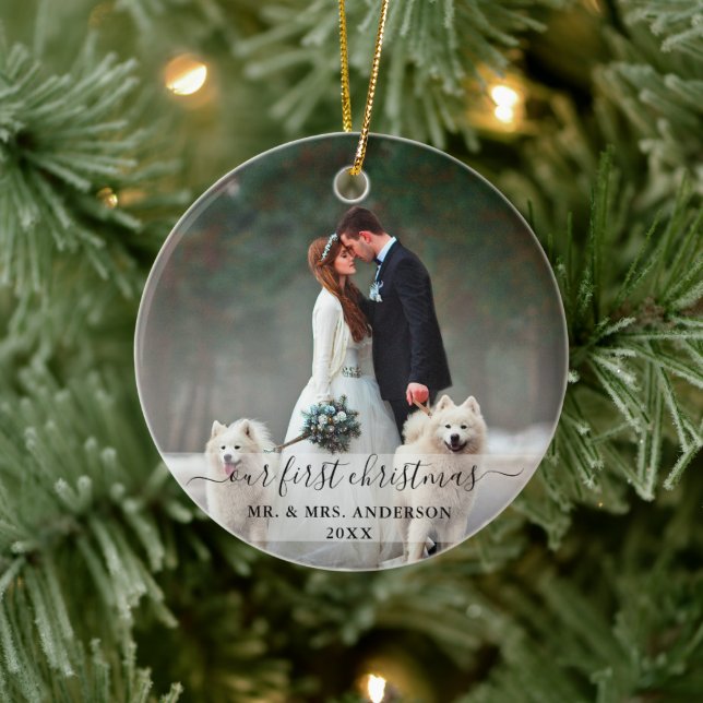 Stylish Script Our First Christmas Wedding Photo Ceramic Ornament (Tree)