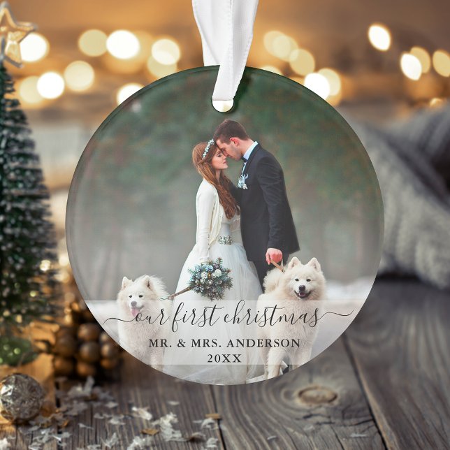 Stylish Script Our First Christmas Wedding Photo Ornament (Creator Uploaded)