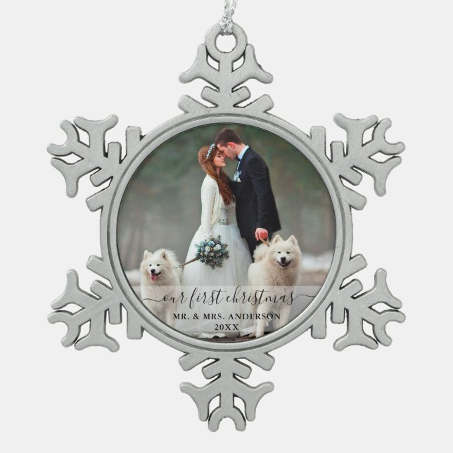 Stylish Script Our First Christmas Wedding Photo Snowflake Pewter Christmas Ornament (Front)
