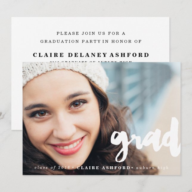 Stylish Script Overlay Graduation Photo Invitation (Front/Back)