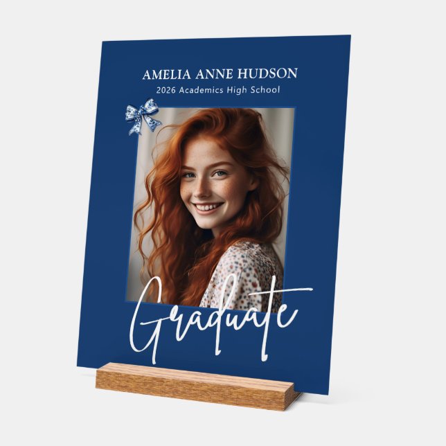 Stylish Script Photo Blue Graduation 2026 Acrylic Sign (Angle)