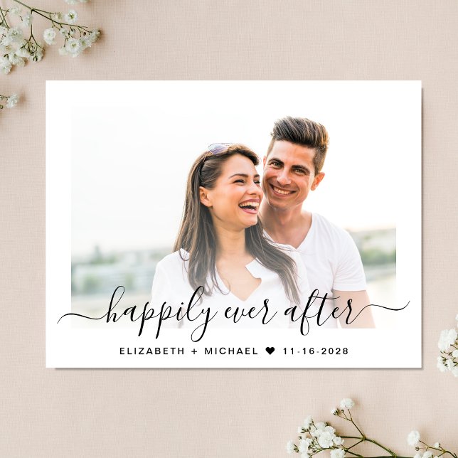 Stylish Script Photo Save The Date Announcement Postcard (An elegant Happily Ever After save the date to set the tone for an unforgettable event)
