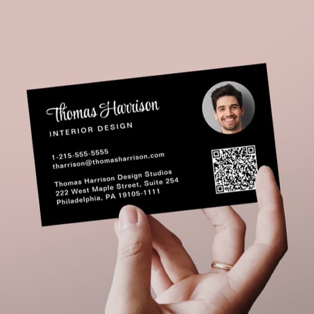 Stylish Script Professional QR Code Photo Black Business Card (Capture attention, make connections, and leave a lasting impression with our modern QR business card)