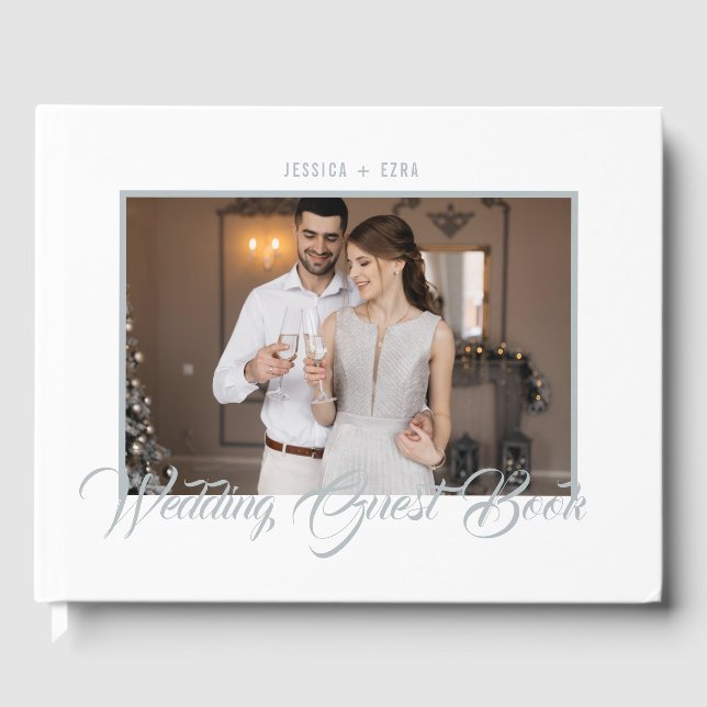 Stylish Script Silver and White | Photo Guest Book (Front)