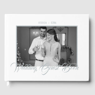 Stylish Script Silver White with Black White Photo Guest Book