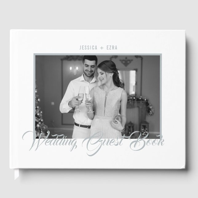 Stylish Script Silver White with Black White Photo Guest Book (Front)