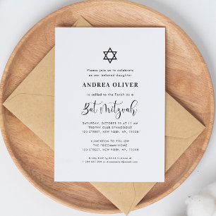 Stylish Script Star of David White Bat Mitzvah Invitation
