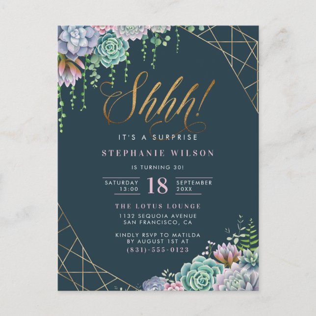 Stylish Script Succulents Surprise Birthday Party Invitation Postcard (Front)