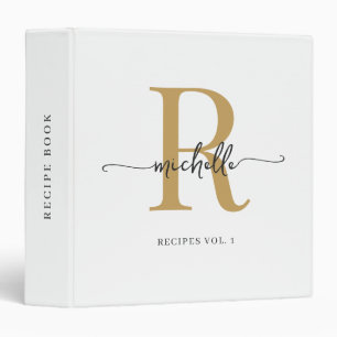 Stylish Script White Gold Monogram Cookbook Recipe Binder
