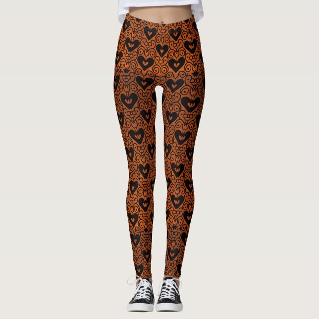 Stylish Scroll and Black Hearts on Copper Leggings (Front)